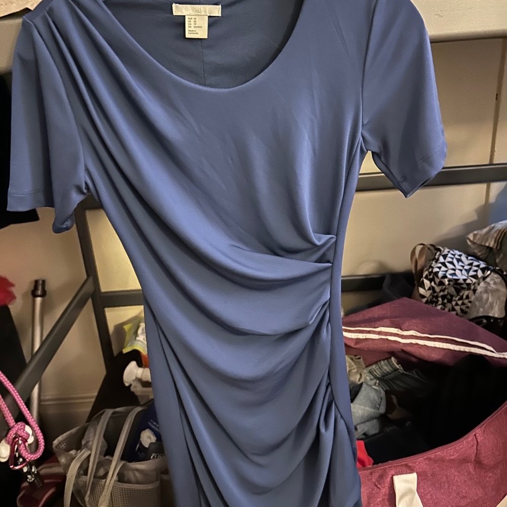 H&M Blue Ruched Flutter Sleeve Mini Dress